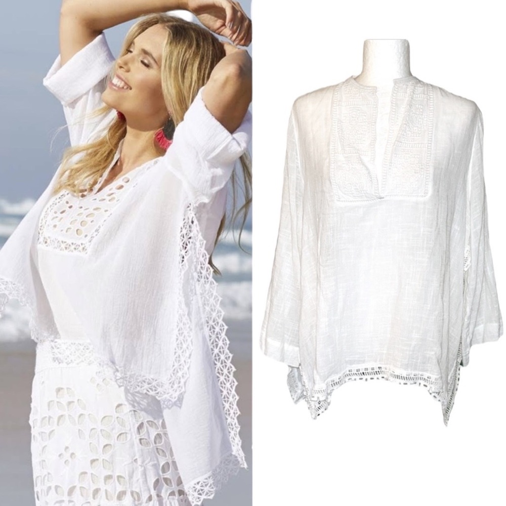 Rubyyaya White Textured Cotton Eyelet Lace Open Sides Tunic Top Blouse - XS